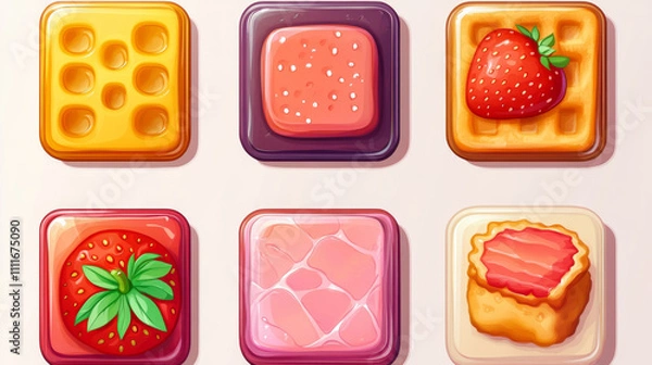 Fototapeta Game buttons with texture of food, strawberry, waffle, cheese and donut with pink glaze. Vector cartoon set of rectangular buttons from salmon, meat and tuna isolated on background