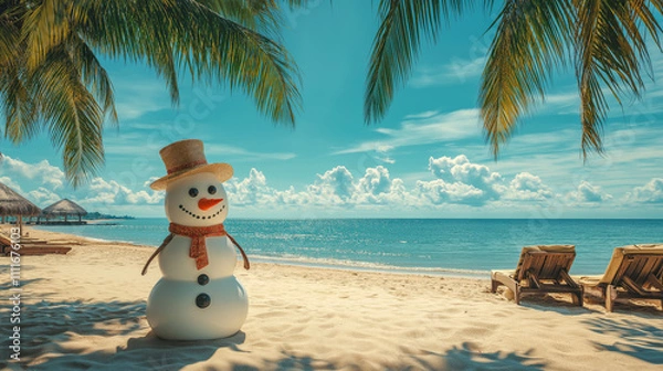 Obraz An unusual setup of a beautiful snowman placed on a sunny beach with palm trees and a stunning sea on the Mediterranean, in the spirit of Christmas and New Year