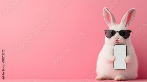 Obraz Cool rabbit wearing sunglasses holding smartphone against pink background