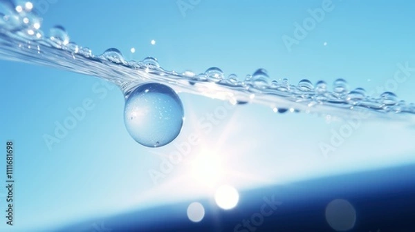 Fototapeta Close-Up of a Water Droplet Suspended Above the Surface Reflecting Light in a Serene Blue Background with Sparkling Bubbles and a Tranquil Atmosphere