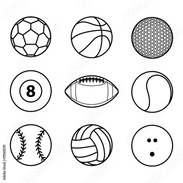 Fototapeta Collection of sport ball icon black outline vector illustration
