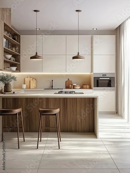 Obraz A modern kitchen featuring minimalist design, natural materials, and soft lighting, creating a warm and inviting atmosphere.