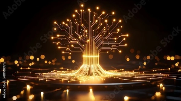 Obraz Conceptual tree of life, circuit board roots, digital leaves symbolizing tech evolution