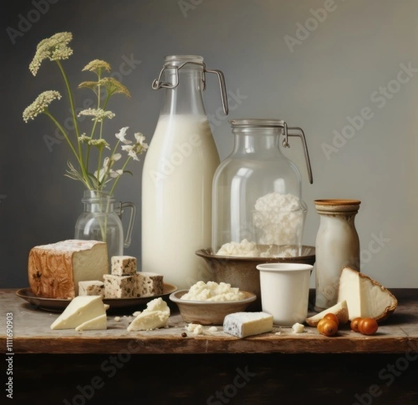 Fototapeta A Rustic Still Life Arrangement of Various Dairy Products Including Milk, Cheese, Cream, and Fresh Ingredients Set Against a Neutral Background for Culinary Inspiration