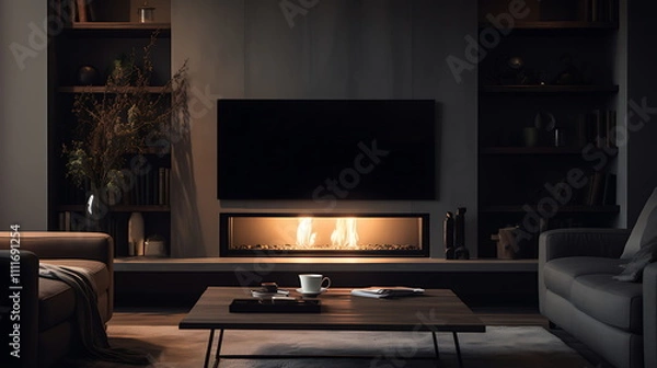 Fototapeta tv unit is sitting in living room with dim lights, generative ai