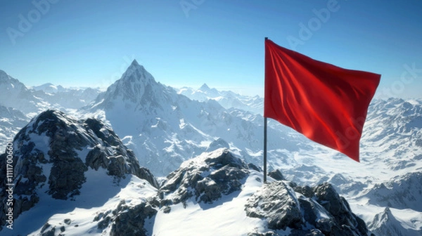 Fototapeta Red flag planted on snowy mountain peak.