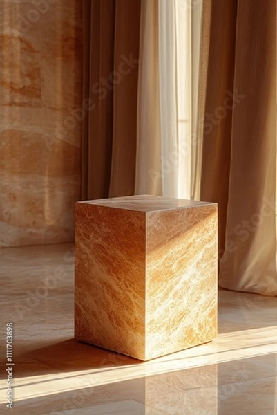 Fototapeta Elegant Marble Cube in Sunlit Room with Flowing Curtains and Warm Tones Creating a Serene and Minimalist Atmosphere