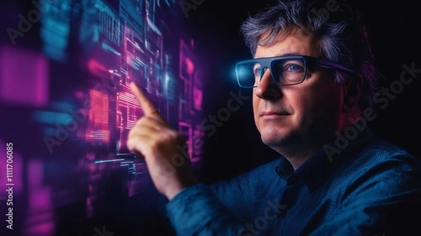 Fototapeta A man wearing  glasses is holding up his hand, with an interactive holographic display in front of him and data charts floating above it.