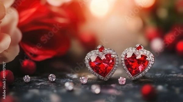 Fototapeta Elegant Heart Shaped Red Earrings with Sparkling Gemstones and Roses