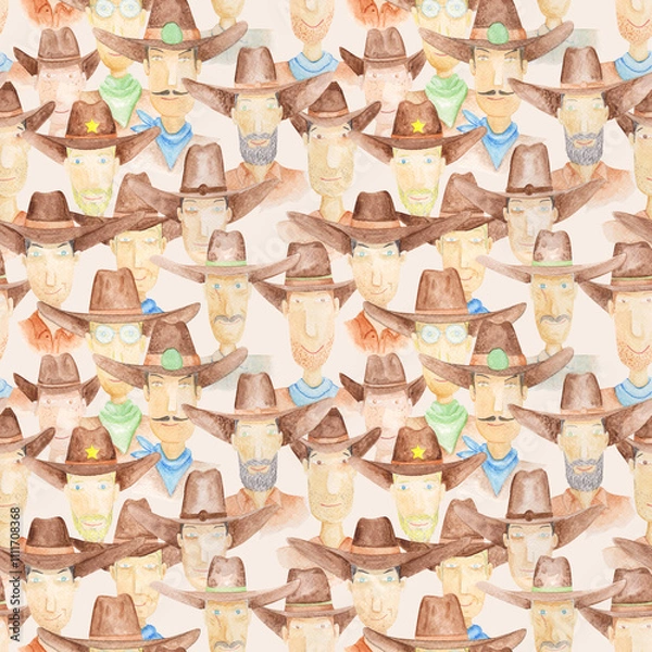 Fototapeta Cowboy faces: Western watercolor portraits in a cartoon style. A seamless pattern - playful cowboy faces, featuring classic hats and unique expressions that capture the spirit of Americana.