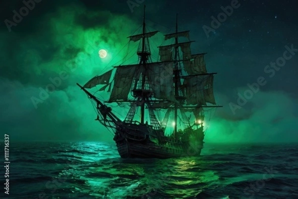 Fototapeta A ghostly pirate ship with tattered sails and glowing green lights drifting through a foggy, moonlit sea.