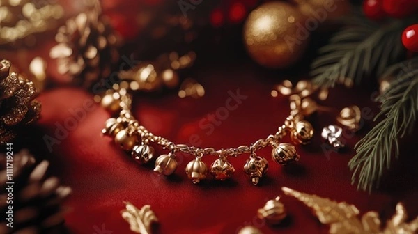 Fototapeta Elegant Gold Bracelet on Festive Red Surface with Holiday Decorations