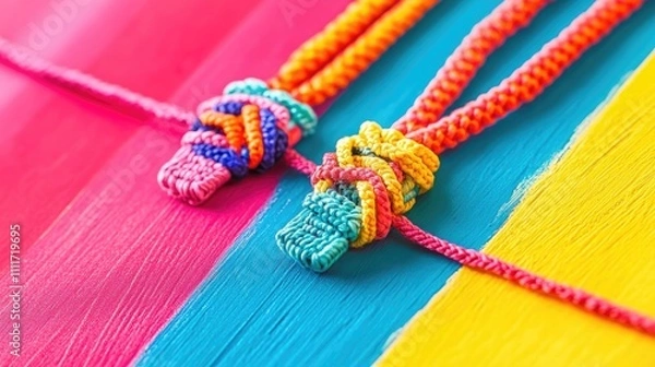 Fototapeta Vibrant Macrame Knots on Colorful Wooden Background for Crafting