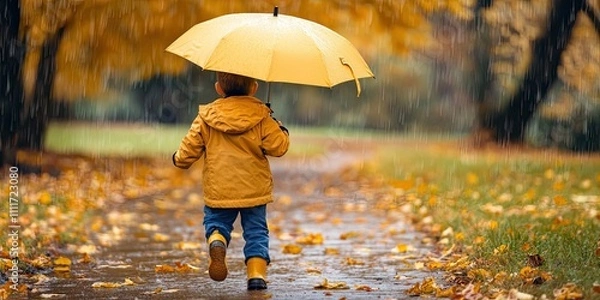 Fototapeta Child enjoying autumn rain with an umbrella. The kid runs joyfully in the fall season park, embracing outdoor fun despite the weather. Rain gear, including boots and jacket, keeps children dry.
