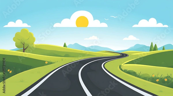 Obraz A fun flat cartoon illustration of a winding road through a scenic countryside with bright colors and simple shapes 