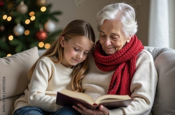 Fototapeta A grandmother and her grandson are reading a book in a room decorated with a Christmas tree