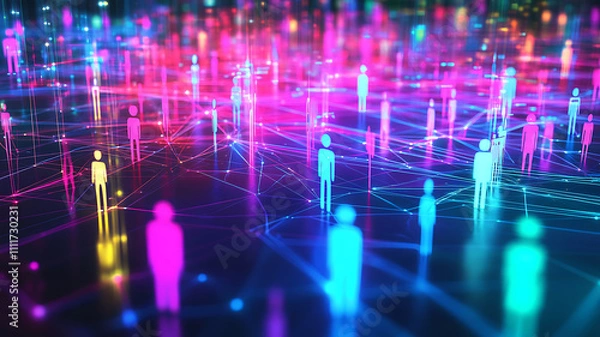 Fototapeta Abstract colorful human figures connected by lines, representing social media networks, digital interactions, communication, and online community connections.
