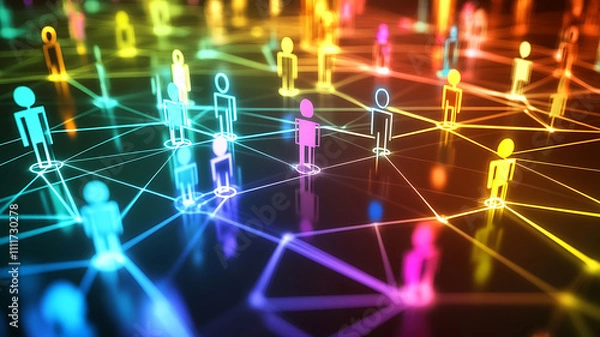 Fototapeta Abstract colorful human figures connected by lines, representing social media networks, digital interactions, communication, and online community connections.
