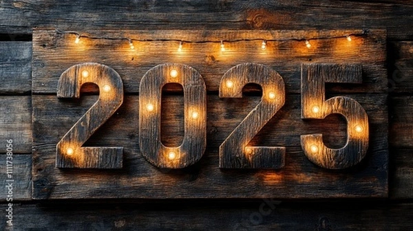 Obraz Wooden sign displaying the year 2025 illuminated with string lights on a rustic background.