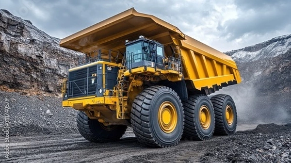 Fototapeta Large yellow mining dump truck on site. Illustrates heavy industry, mining, and transportation.