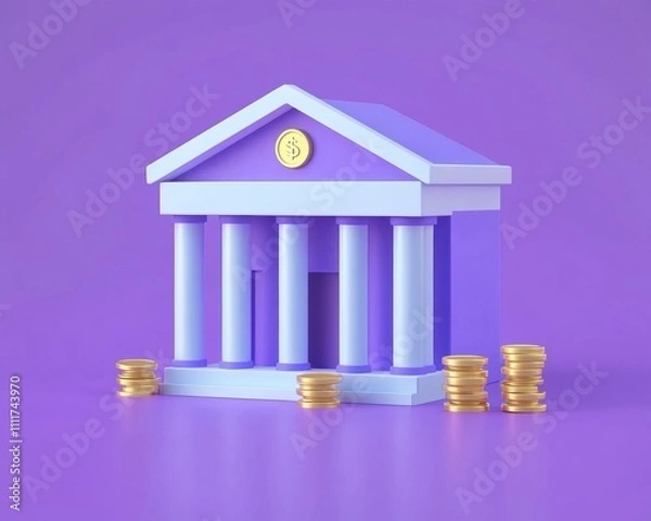 Fototapeta financial management. 3d bank in cartoon style. loans- withdrawals- deposits- transactions. illustration isolated on purple background. 3d rendering