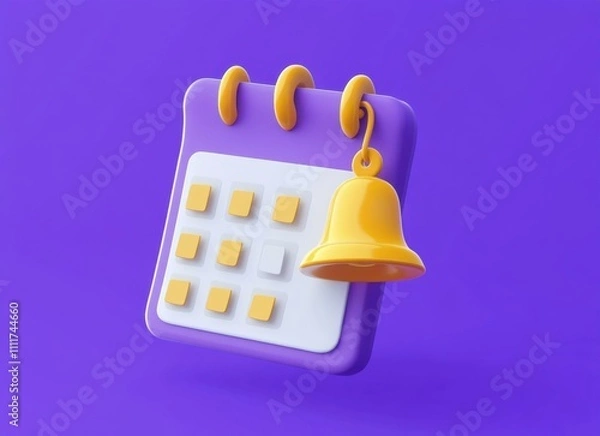 Fototapeta 3d calendar and golden bell icon in cartoon style. the concept of planning and reminders in the form of notification of cases or meetings. illustration isolated on purple background. 3d rendering