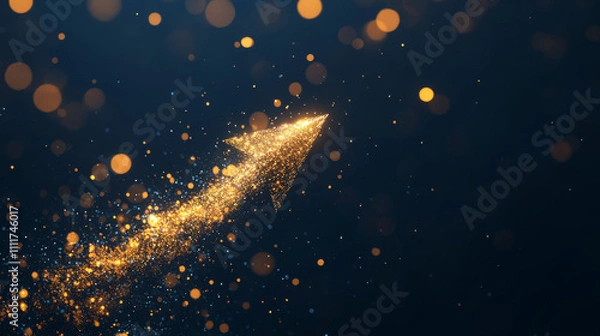 Fototapeta Low poly illustration of the arrow up with a golden dust effect. Sparkle stardust. Glittering vector with gold particles on dark background. Polygonal wireframe from dots and lines. Business concept