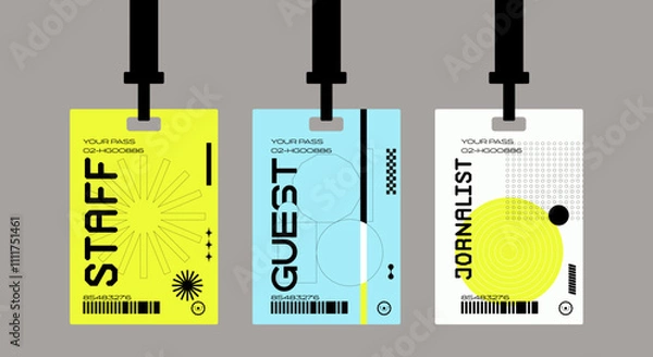 Fototapeta Plastic badges id card badges in a futuristic style. Journalist, guest, staff. Identification cards on a string, entrance ticket, pass