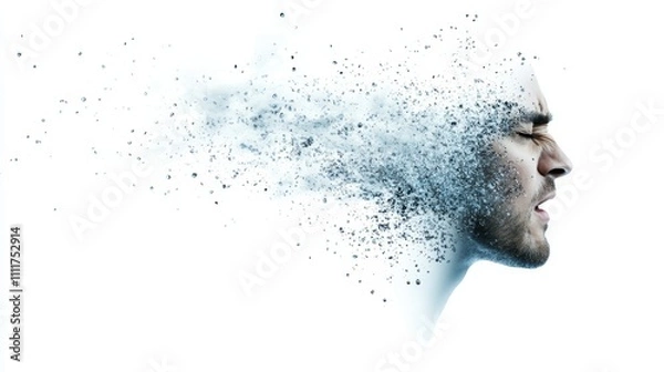 Obraz A man's face is blown apart by a force, leaving him with a disfigured appearance