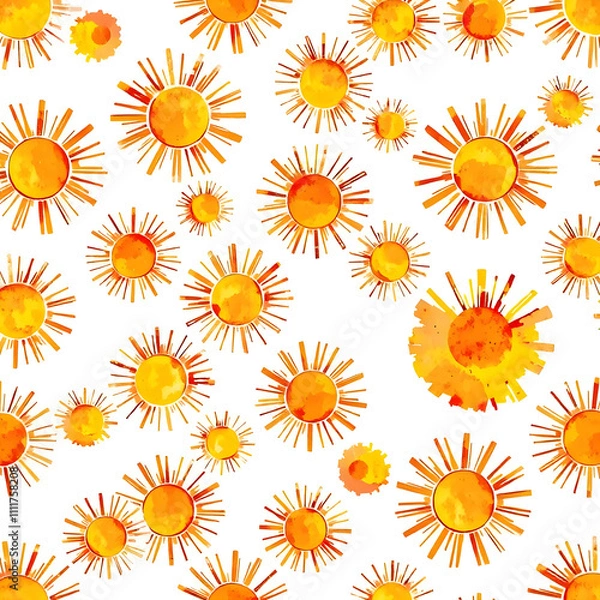Fototapeta Bright and cheerful seamless watercolor pattern featuring abstract sunburst shapes in yellow and orange