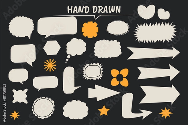 Obraz Set of hand drawn speech bubble, comic sticker, chat box and empty social media message balloon silhouette or communication network symbol in doodle cartoon. All in group and separate layer. Vector.