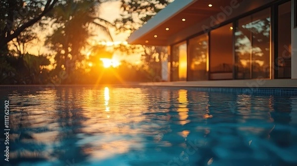 Fototapeta A serene sunset reflecting on a tranquil pool beside a modern home.