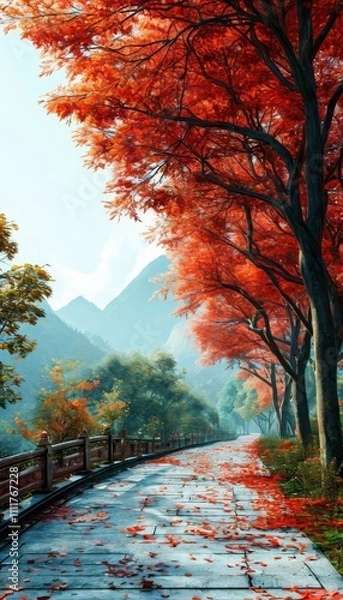 Fototapeta Scenic autumn path with vibrant red trees, fallen leaves, and distant mountains