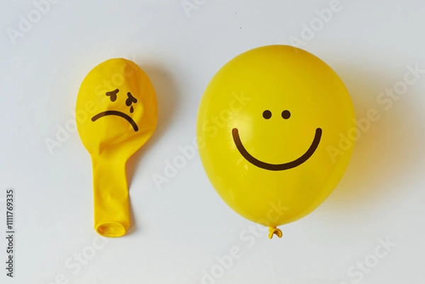 Obraz Deflated ballon with sad face and inflated balloon with happy face - Concept of mental health