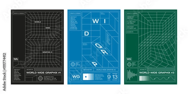 Obraz Line grid futuristic 3d pattern poster template set hud wireframe optical illusion abstract geometric graphic design modern simple clean vector collection digital art future portal visual warp 