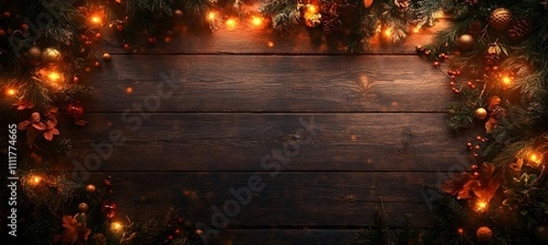 Fototapeta Rustic wooden background with an aerial view of a lighted garland on the edges and in front of it, warm tones, cozy, beautiful wood texture, wooden floor, large empty space for text