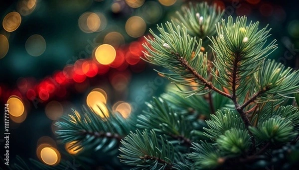 Fototapeta Magical Christmas Pine Needles with Glowing Bokeh Lights – Festive Holiday Nature Background