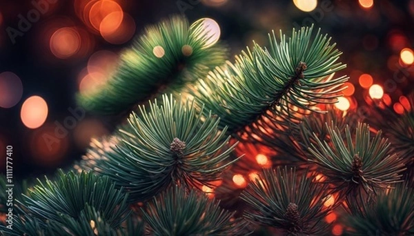 Fototapeta Magical Christmas Pine Needles with Glowing Bokeh Lights – Festive Holiday Nature Background