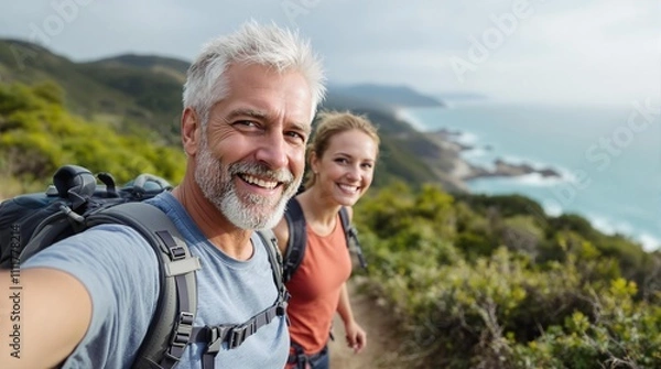 Fototapeta Smiling middle-aged couple  looking at the camera, hiking on a scenic coastal trail with lush greenery and a view of the ocean in the background, enjoying outdoor adventure