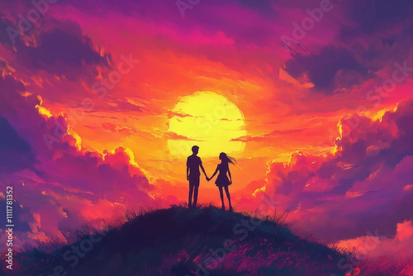 Fototapeta a couple holding hands on a hill at sunset with the sun setting behind them and clouds in the sky