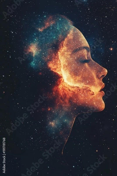 Fototapeta Celestial Dreamer Cosmic Portrait of a Woman in a Starry Universe Surreal Art Infinite Space Side Perspective Cosmic Identity