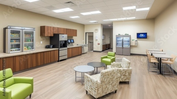 Fototapeta Modern break room with seating, kitchen appliances, and refreshments for employees.