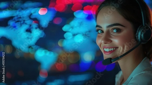 Fototapeta Smiling woman with a headset against a colorful background