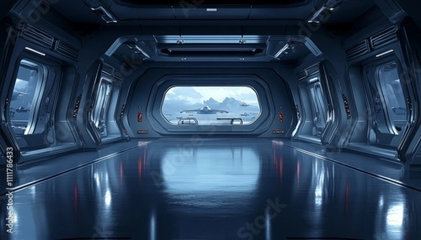 Fototapeta Futuristic Spaceship Corridor Overlooking Spaceships