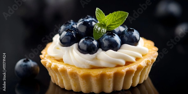 Obraz Blueberry Tart with Cream and Mint on Slate Plate