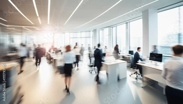 Fototapeta Blurred people in motion in bright modern office. 
