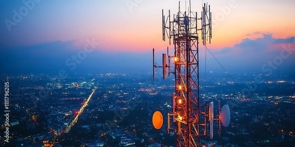 Fototapeta 5g base station receiver on a telecommunication tower with network connections, generative ai