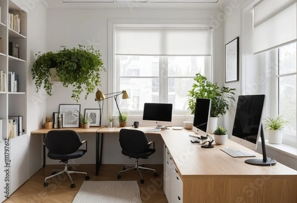 Fototapeta A modern home office includes a wooden desk and office chair positioned against a white wall This Scandinavian interior design of the modern living room provides a comfortable workplace