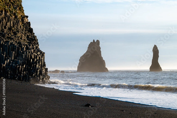 Fototapeta Reynisfjara black sand beach in Iceland. Ocean cliffs. Sunny day. Seascape. Touristic place.