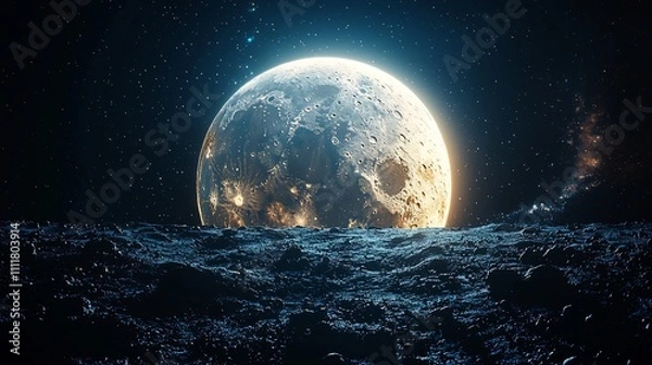 Fototapeta Breathtaking moonrise over a distant Earth both illuminated by the bright sun in space